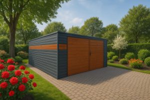 Garaż blaszany jednospadowy 5x5 m z bramą dwuskrzydłową — producent Karstal