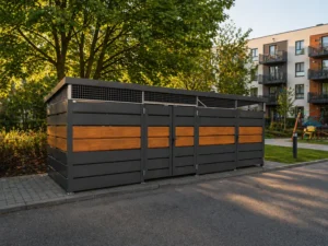 Wiata śmietnikowa z blachy drewnopodobnej – Karstal